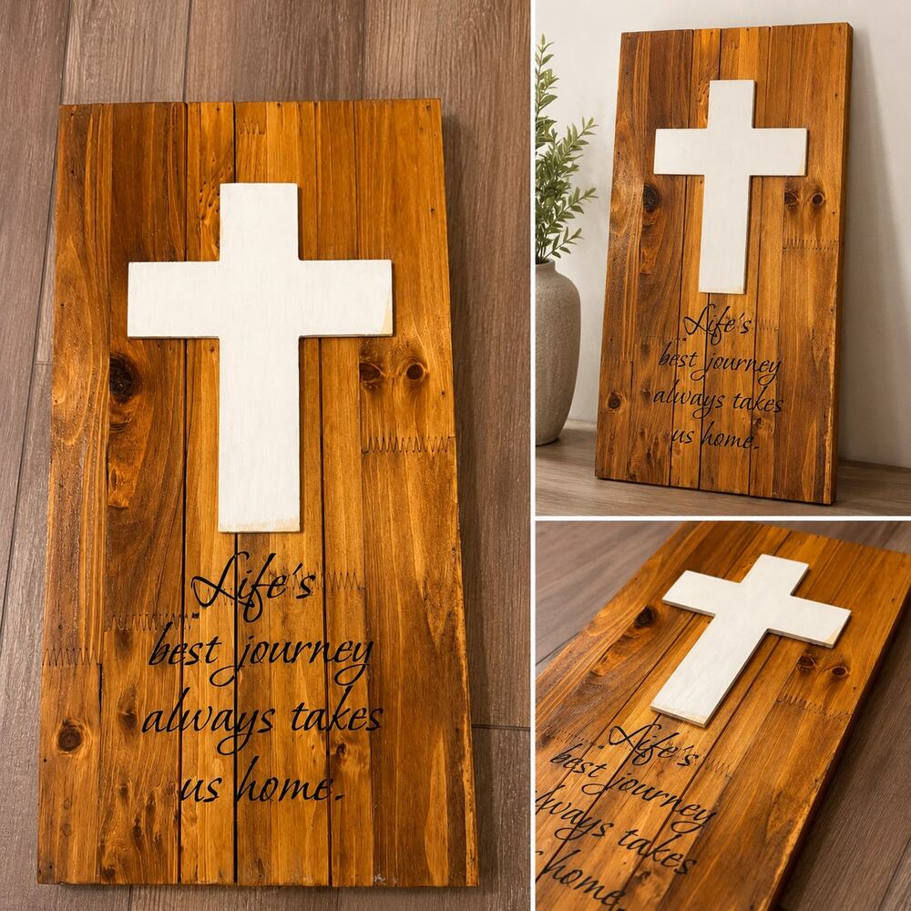 Rustic Cross Wood Wall Sign Christian Farmhouse Decor 19.25” x 10”